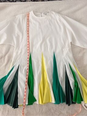 RHODE White Tunic Dress with Green and Yellow Pleated Panels